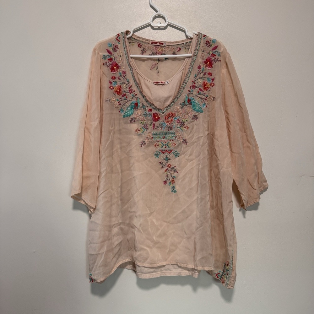 Johnny Was Pink V-Neck Floral Embroidered Crinkle Blouse with‎ Undertank Size 1X